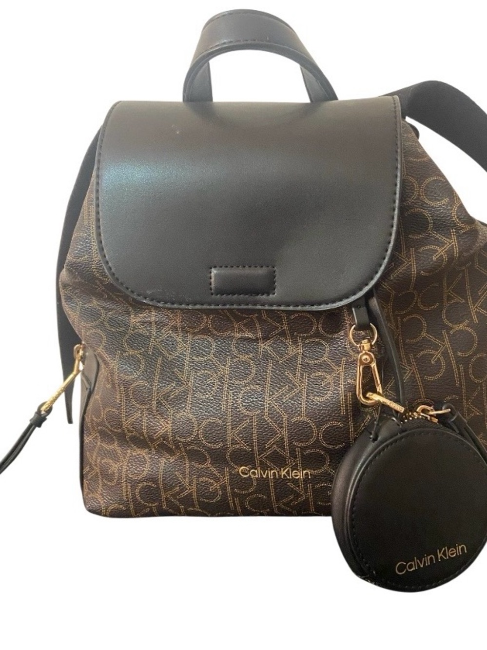 Calvin Klein Brown Logo Mini Backpack with Black Flap and Coin Pouch